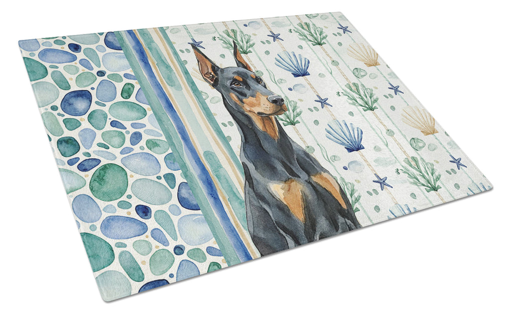 Doberman Pinscher Coastal Sea Glass Cutting Board Tempered Glass Kitchen Cutting Surface, Heat Resistant Chopping, Non-Slip Feet, Food Prep & Serving