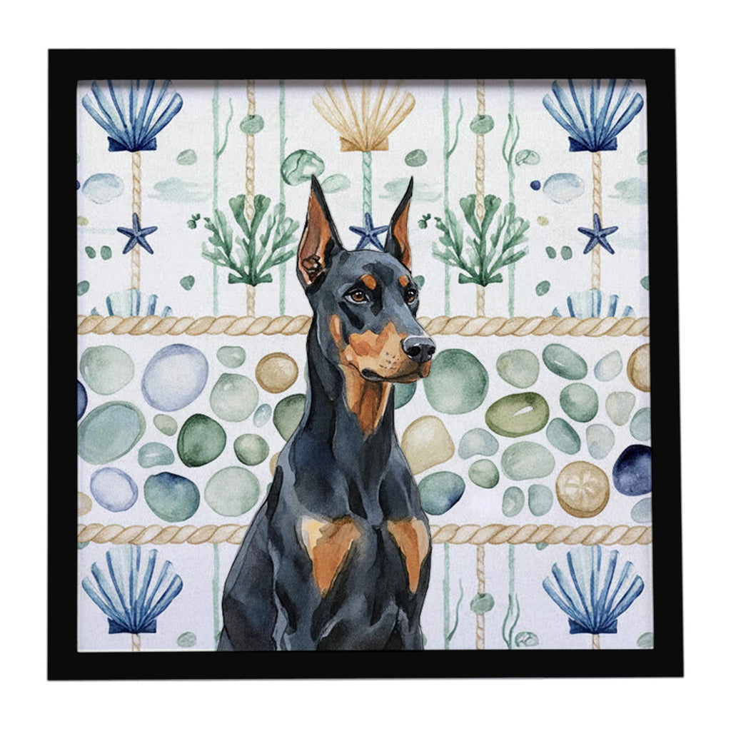 Doberman Pinscher Coastal Sea Glass Framed Metal Print Bathroom, Kitchen, Office, Home Decor Wall Art Ready to Hang, Square, 8X8