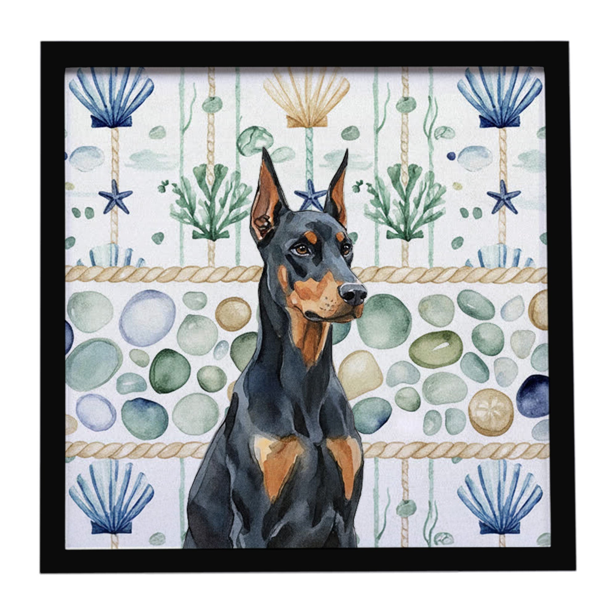 Doberman Pinscher Coastal Sea Glass Framed Metal Print Bathroom, Kitchen, Office, Home Decor Wall Art Ready to Hang, Square, 8X8