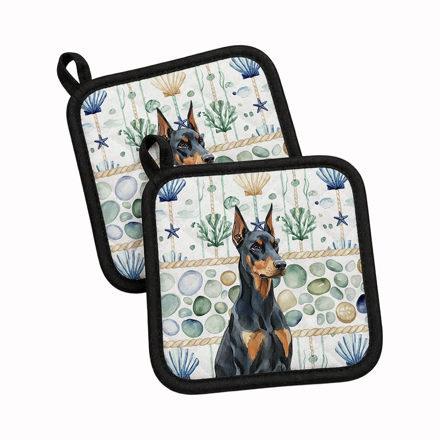 Doberman Pinscher Coastal Sea Glass Pot Holder Set of 2 Heat Resistant Quilted Hot Pads 7.5 x 7.5 Inch, Insulated Kitchen Trivets for Cooking & Baking