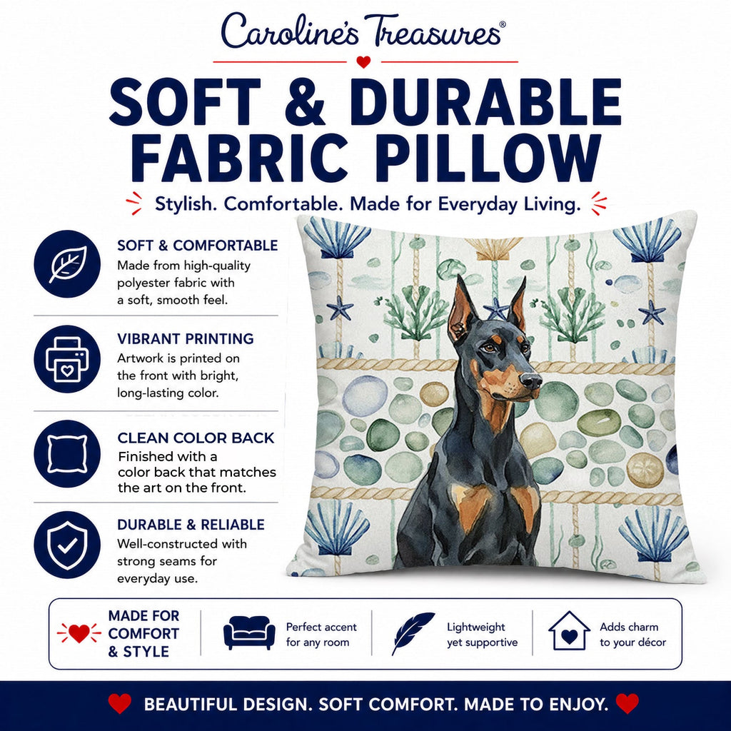 Doberman Pinscher Coastal Sea Glass Decorative Throw Pillow 14x14 Indoor Outdoor Accent Cushion, Fabric Cover with Insert for Sofa, Bed, Porch & Living Room