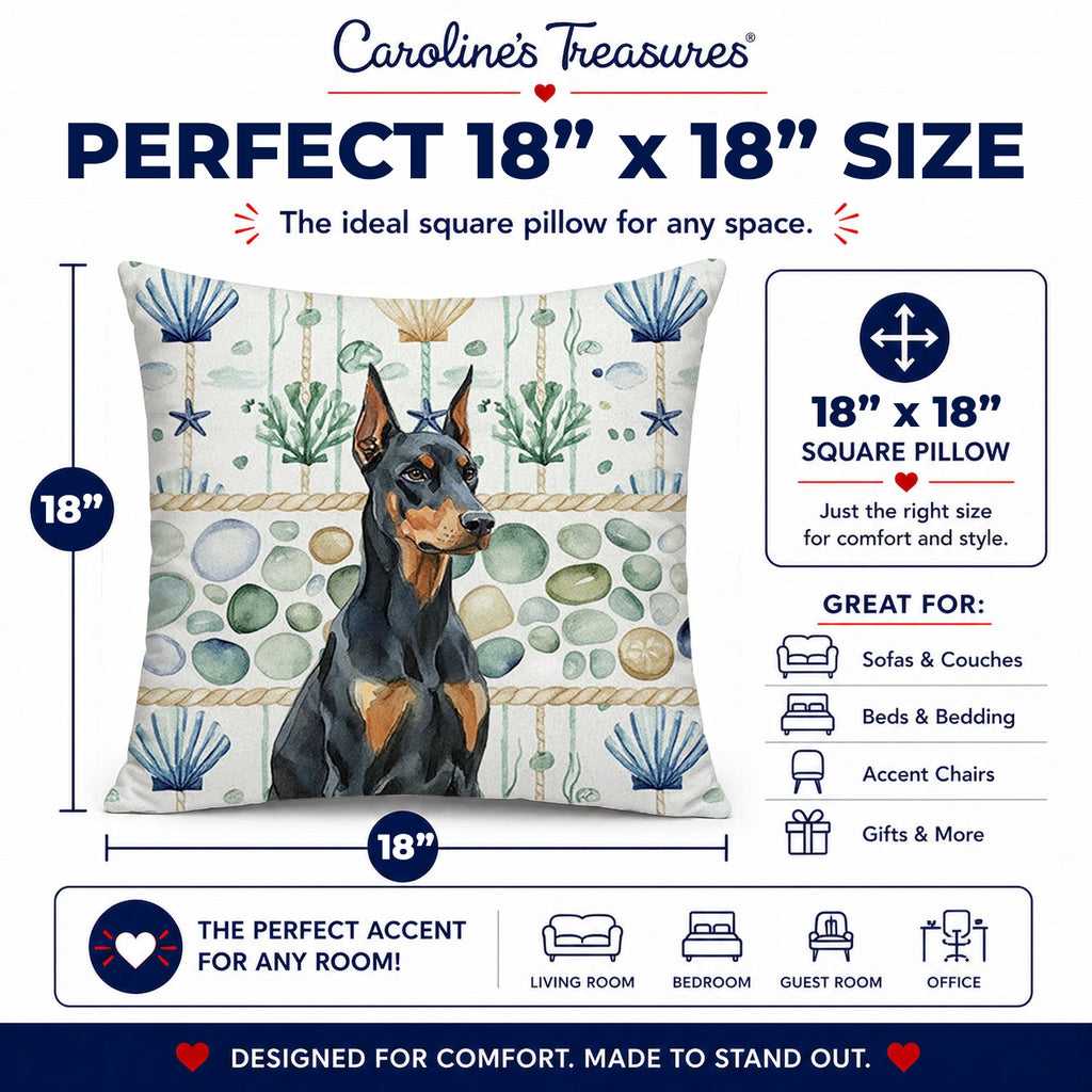 Doberman Pinscher Coastal Sea Glass Decorative Throw Pillow 18x18 Indoor Outdoor Accent Cushion, Fabric Cover with Insert for Sofa, Bed, Porch & Living Room