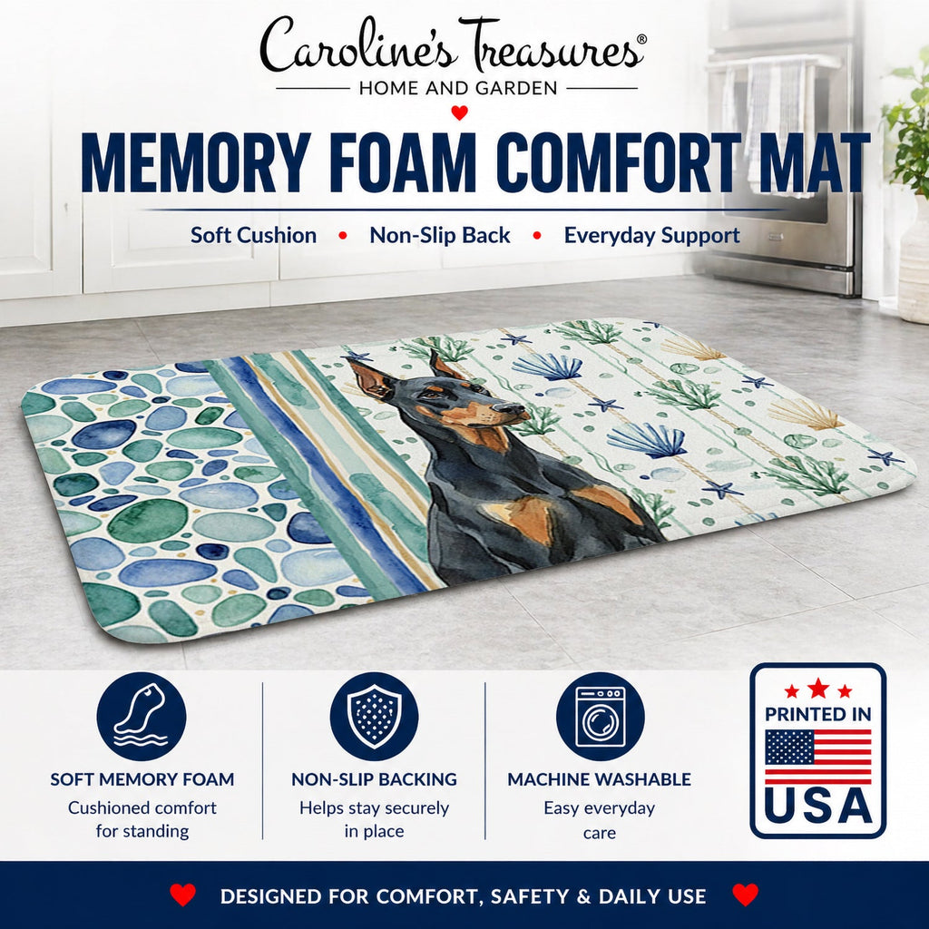 Doberman Pinscher Coastal Sea Glass Memory Foam Kitchen Mat Machine Washable Anti-Fatigue Cushion Comfort Bath or Kitchen Rug