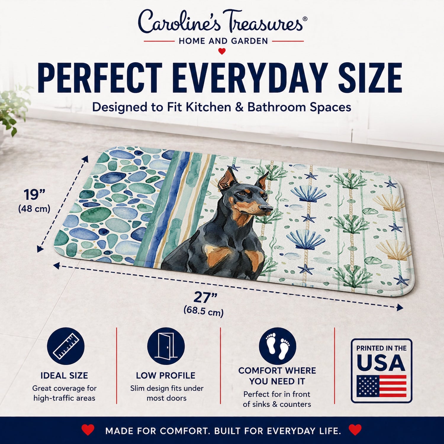 Doberman Pinscher Coastal Sea Glass Memory Foam Kitchen Mat Machine Washable Anti-Fatigue Cushion Comfort Bath or Kitchen Rug