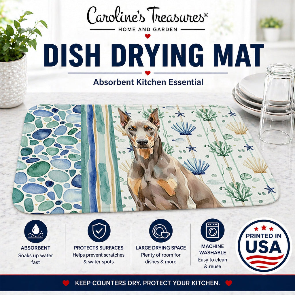 Fawn Doberman Pinscher Coastal Sea Glass Dish Drying Mat Absorbent Dish Drying Mat Pad for Kitchen Counter Dish Drainer Mat for Countertop, 14 x 21", Multicolor