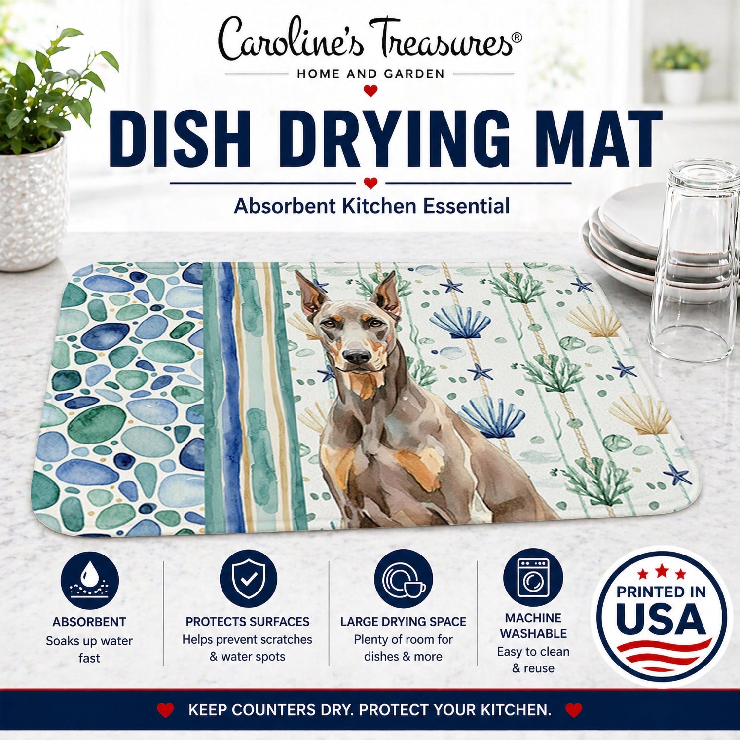 Fawn Doberman Pinscher Coastal Sea Glass Dish Drying Mat Absorbent Dish Drying Mat Pad for Kitchen Counter Dish Drainer Mat for Countertop, 14 x 21", Multicolor