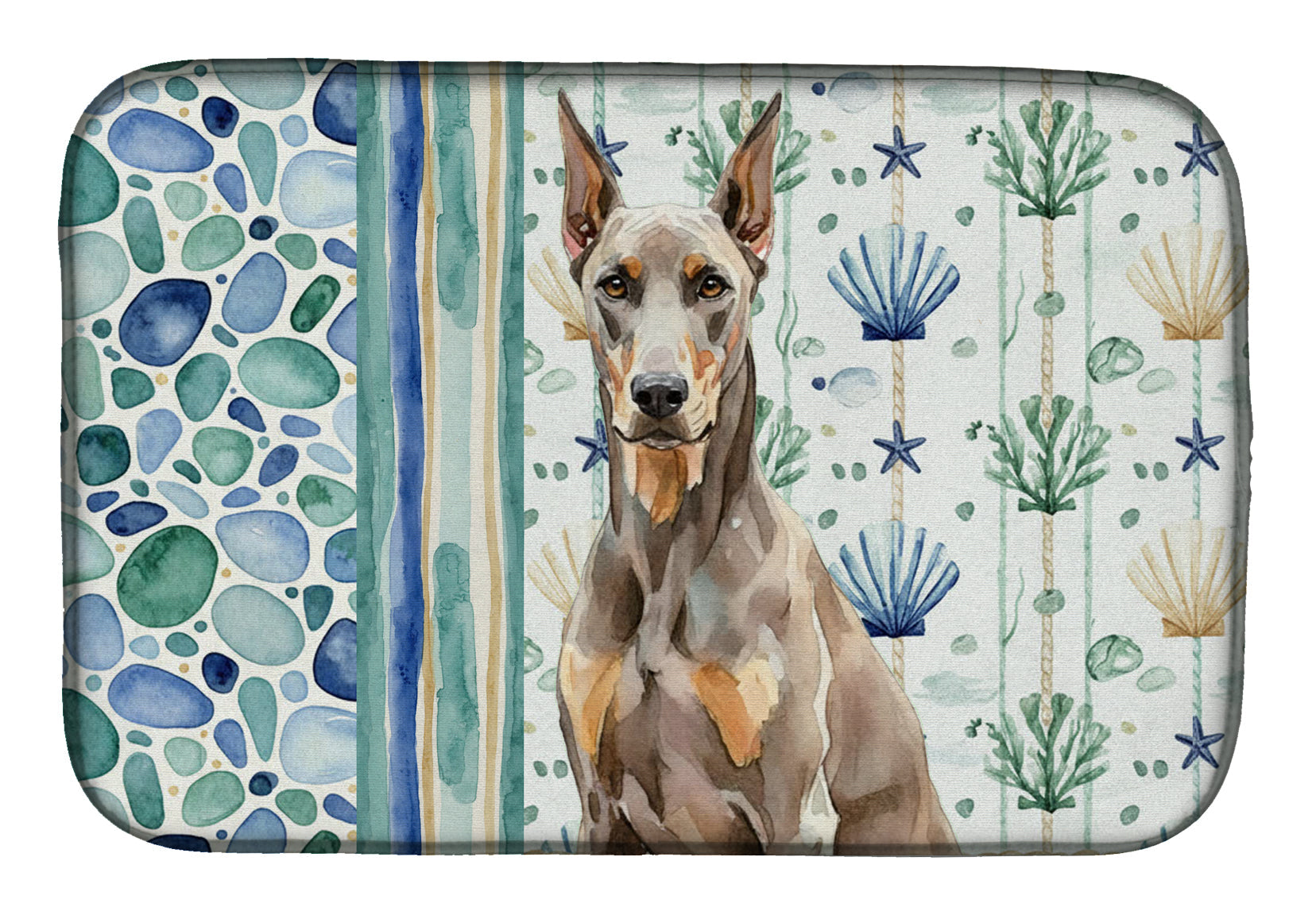 Fawn Doberman Pinscher Coastal Sea Glass Dish Drying Mat Absorbent Dish Drying Mat Pad for Kitchen Counter Dish Drainer Mat for Countertop, 14 x 21", Multicolor
