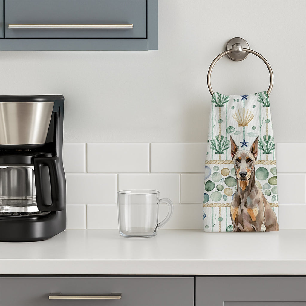 Fawn Doberman Pinscher Coastal Sea Glass Kitchen Towel Velour Plush Front and Cotton Loop Back Machine Washable