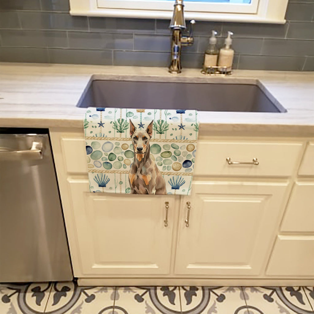 Fawn Doberman Pinscher Coastal Sea Glass Kitchen Towel Velour Plush Front and Cotton Loop Back Machine Washable