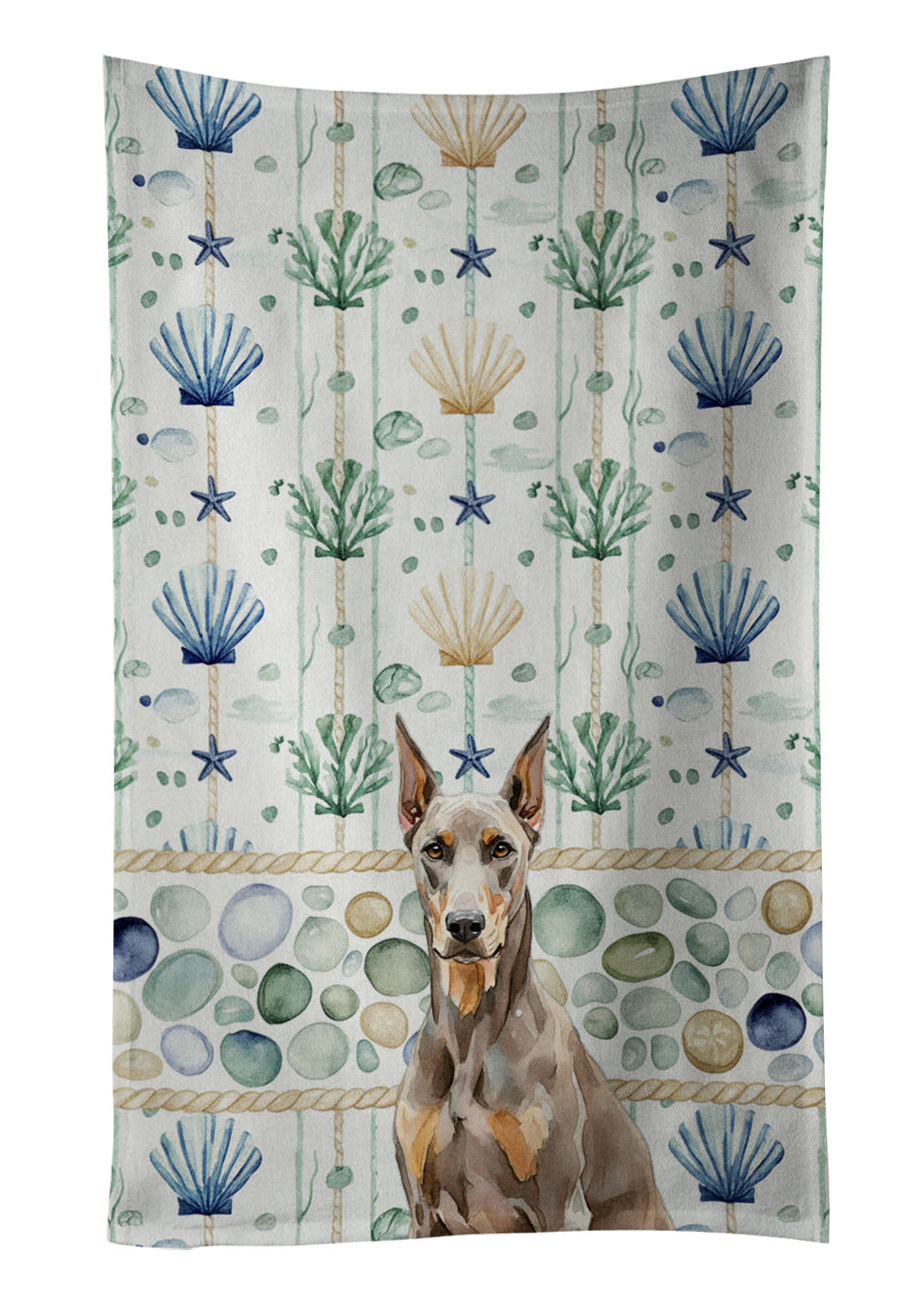 Fawn Doberman Pinscher Coastal Sea Glass Kitchen Towel Velour Plush Front and Cotton Loop Back Machine Washable
