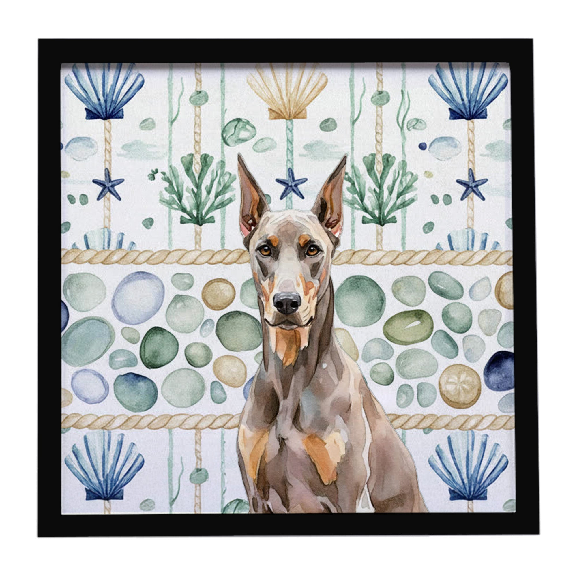 Fawn Doberman Pinscher Coastal Sea Glass Framed Metal Print Bathroom, Kitchen, Office, Home Decor Wall Art Ready to Hang, Square, 8X8