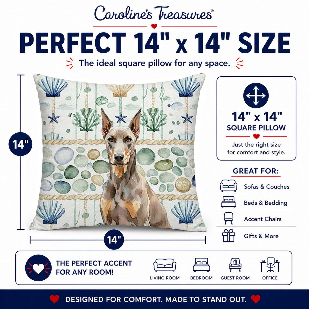 Fawn Doberman Pinscher Coastal Sea Glass Decorative Throw Pillow 14x14 Indoor Outdoor Accent Cushion, Fabric Cover with Insert for Sofa, Bed, Porch & Living Room