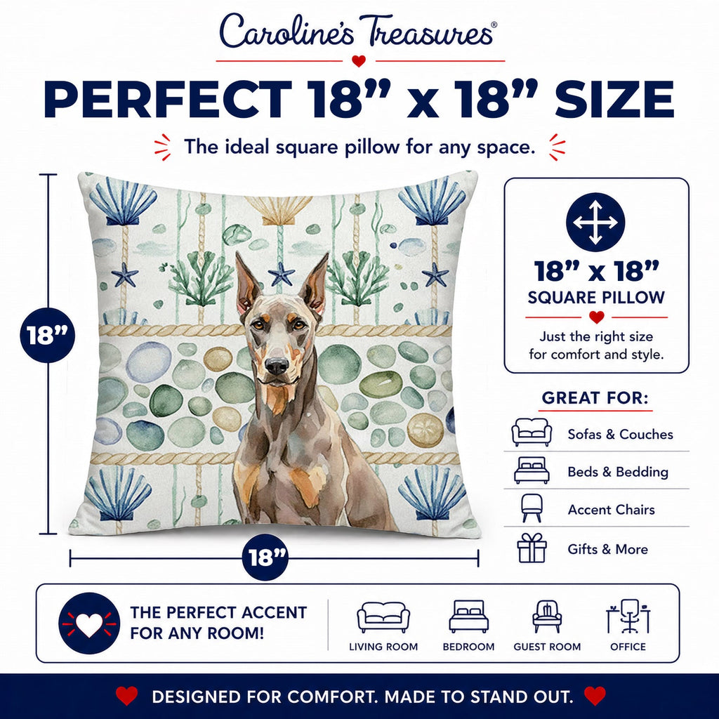 Fawn Doberman Pinscher Coastal Sea Glass Decorative Throw Pillow 18x18 Indoor Outdoor Accent Cushion, Fabric Cover with Insert for Sofa, Bed, Porch & Living Room