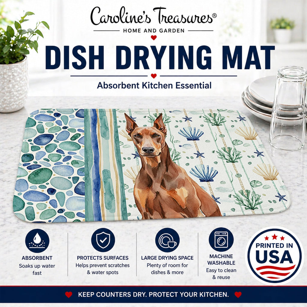 Red Doberman Pinscher Coastal Sea Glass Dish Drying Mat Absorbent Dish Drying Mat Pad for Kitchen Counter Dish Drainer Mat for Countertop, 14 x 21", Multicolor