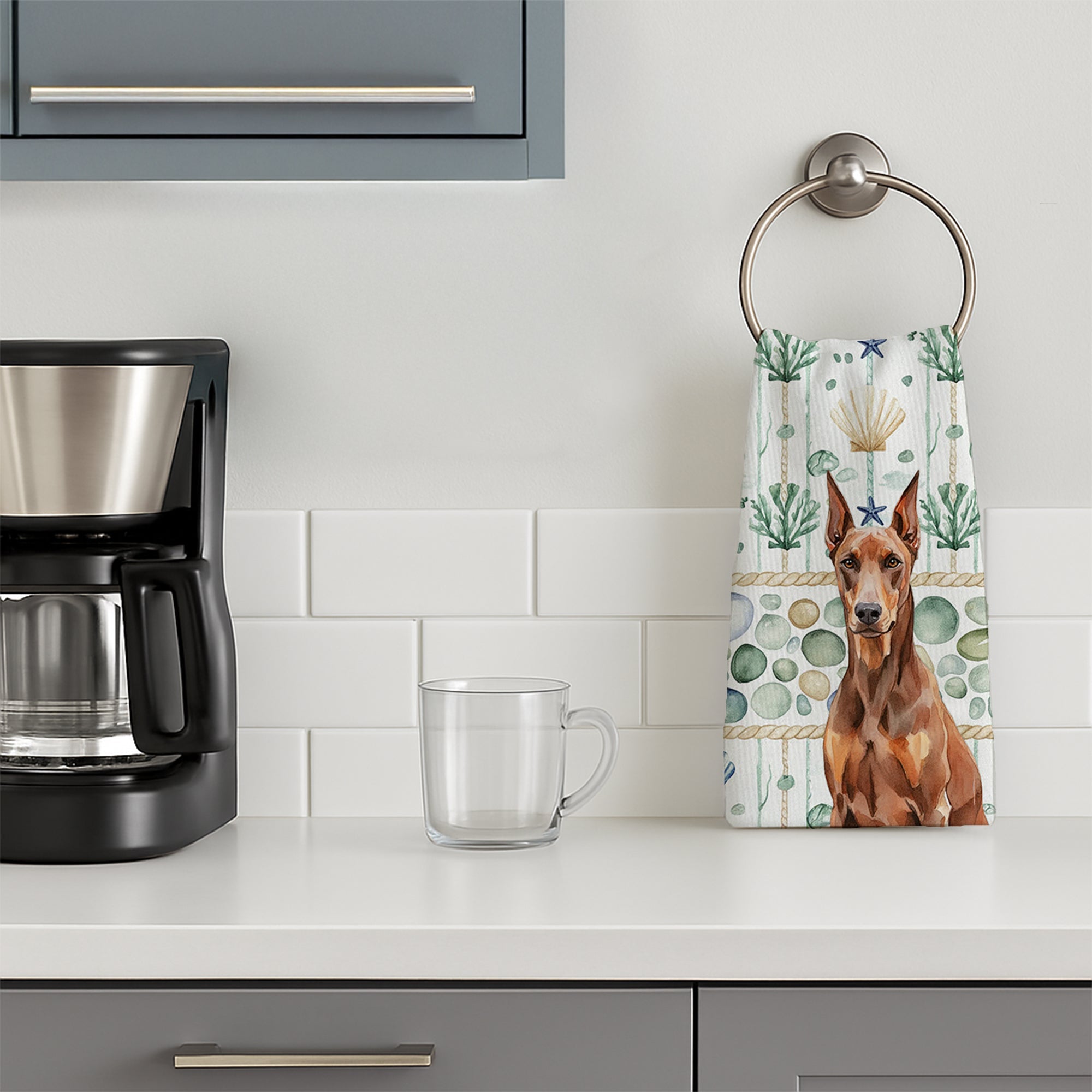 Red Doberman Pinscher Coastal Sea Glass Kitchen Towel Velour Plush Front and Cotton Loop Back Machine Washable