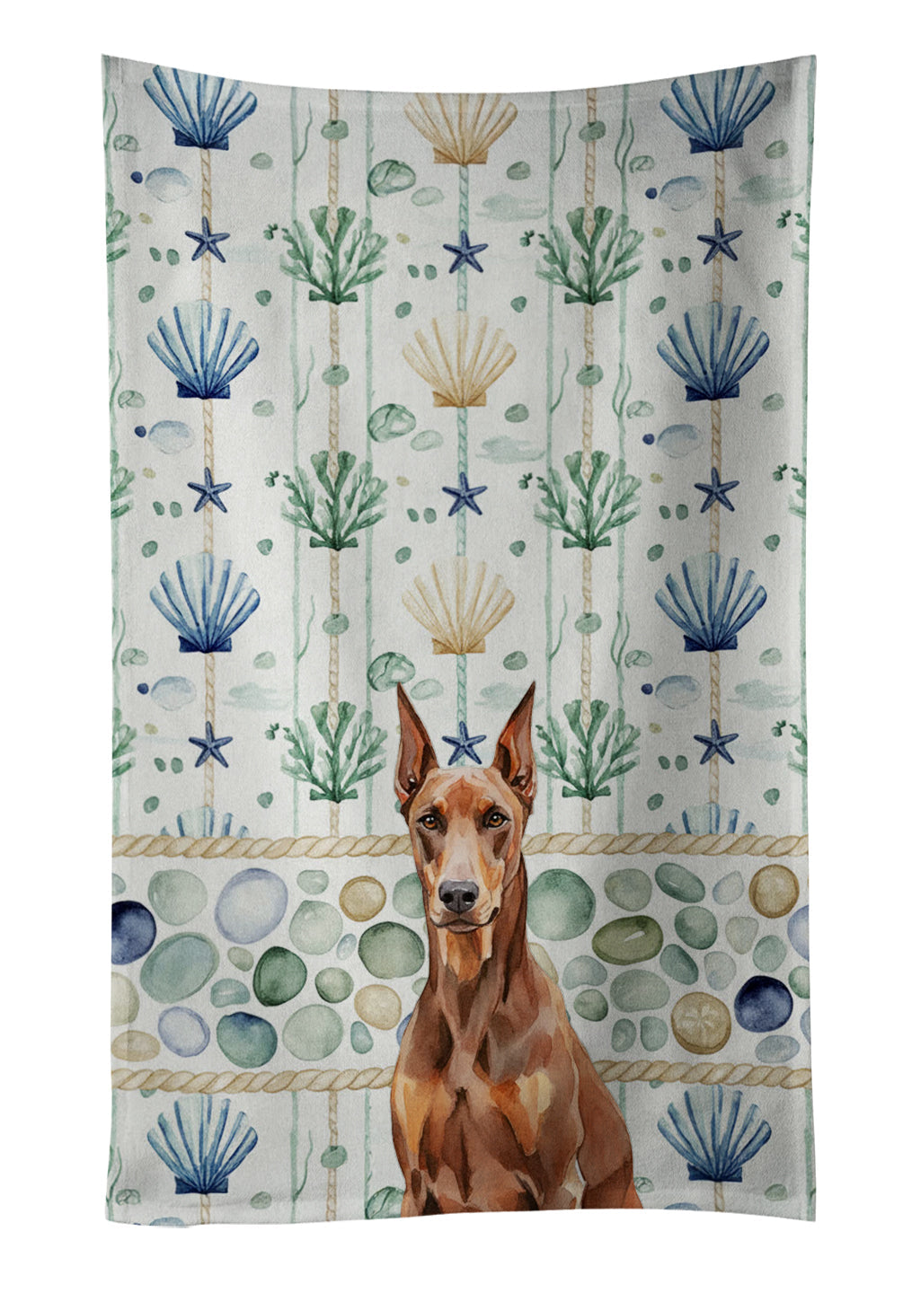 Red Doberman Pinscher Coastal Sea Glass Kitchen Towel Velour Plush Front and Cotton Loop Back Machine Washable