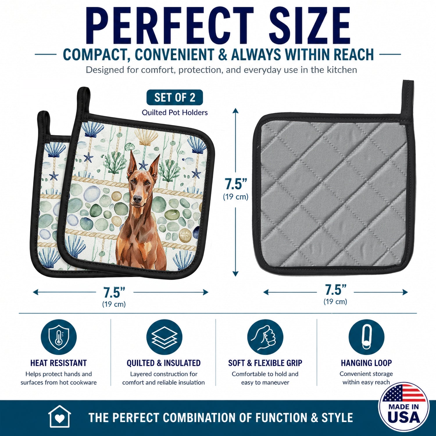 Red Doberman Pinscher Coastal Sea Glass Pot Holder Set of 2 Heat Resistant Quilted Hot Pads 7.5 x 7.5 Inch, Insulated Kitchen Trivets for Cooking & Baking