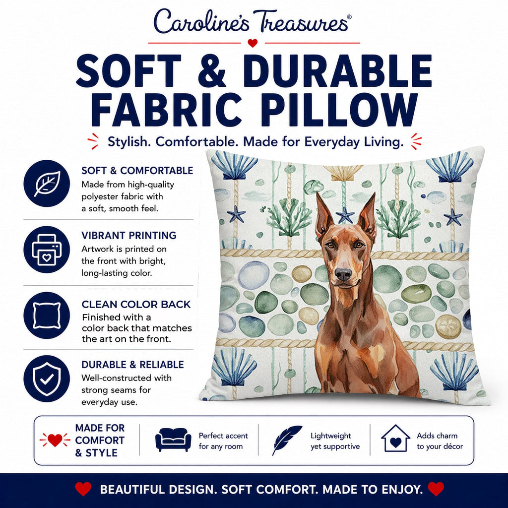 Red Doberman Pinscher Coastal Sea Glass Decorative Throw Pillow 14x14 Indoor Outdoor Accent Cushion, Fabric Cover with Insert for Sofa, Bed, Porch & Living Room