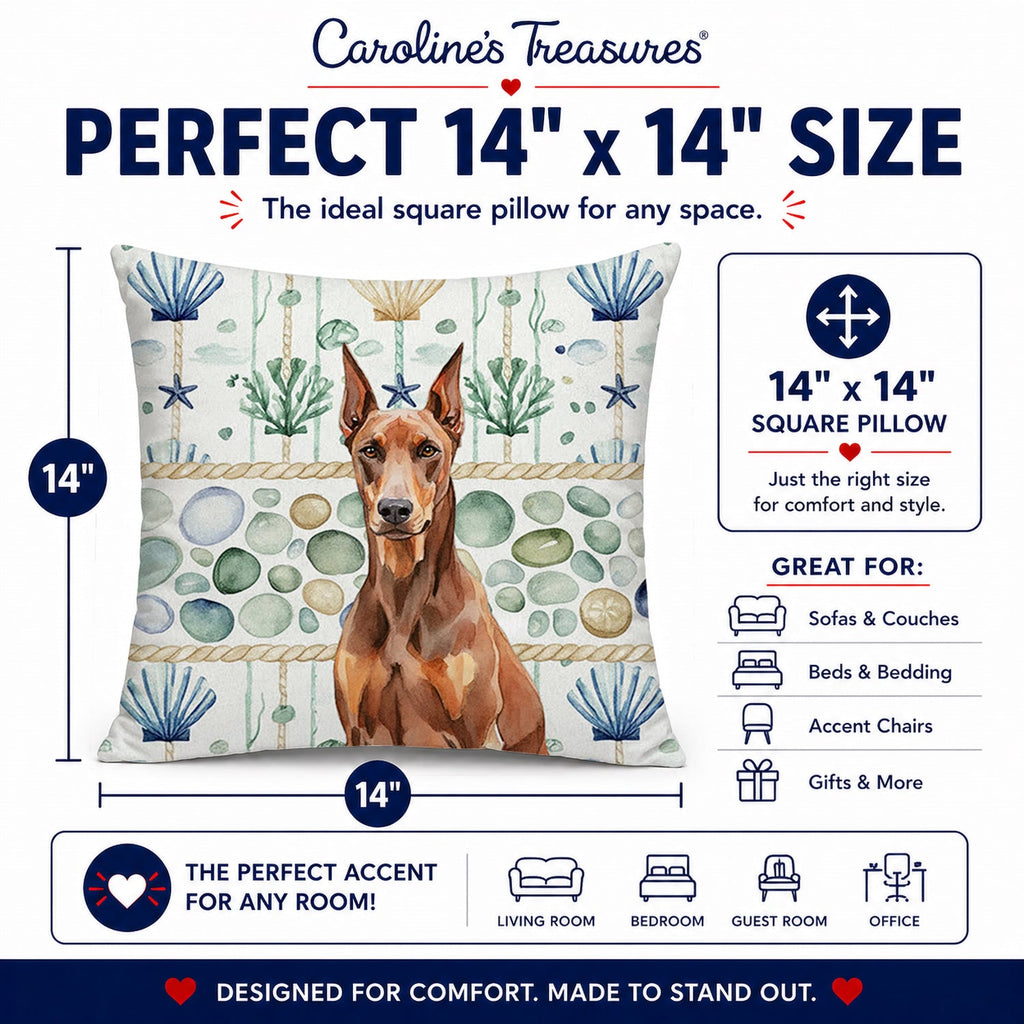 Red Doberman Pinscher Coastal Sea Glass Decorative Throw Pillow 14x14 Indoor Outdoor Accent Cushion, Fabric Cover with Insert for Sofa, Bed, Porch & Living Room