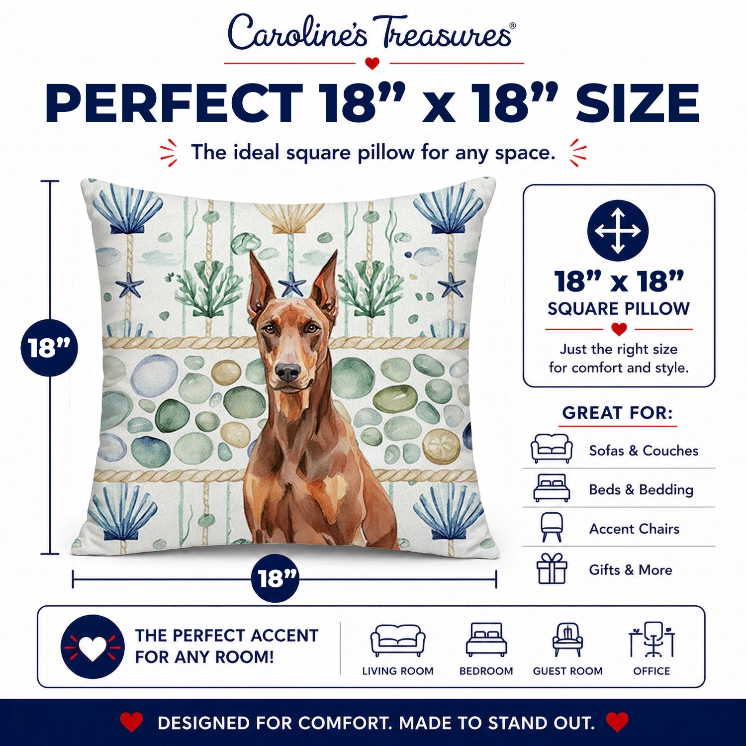 Red Doberman Pinscher Coastal Sea Glass Decorative Throw Pillow 18x18 Indoor Outdoor Accent Cushion, Fabric Cover with Insert for Sofa, Bed, Porch & Living Room