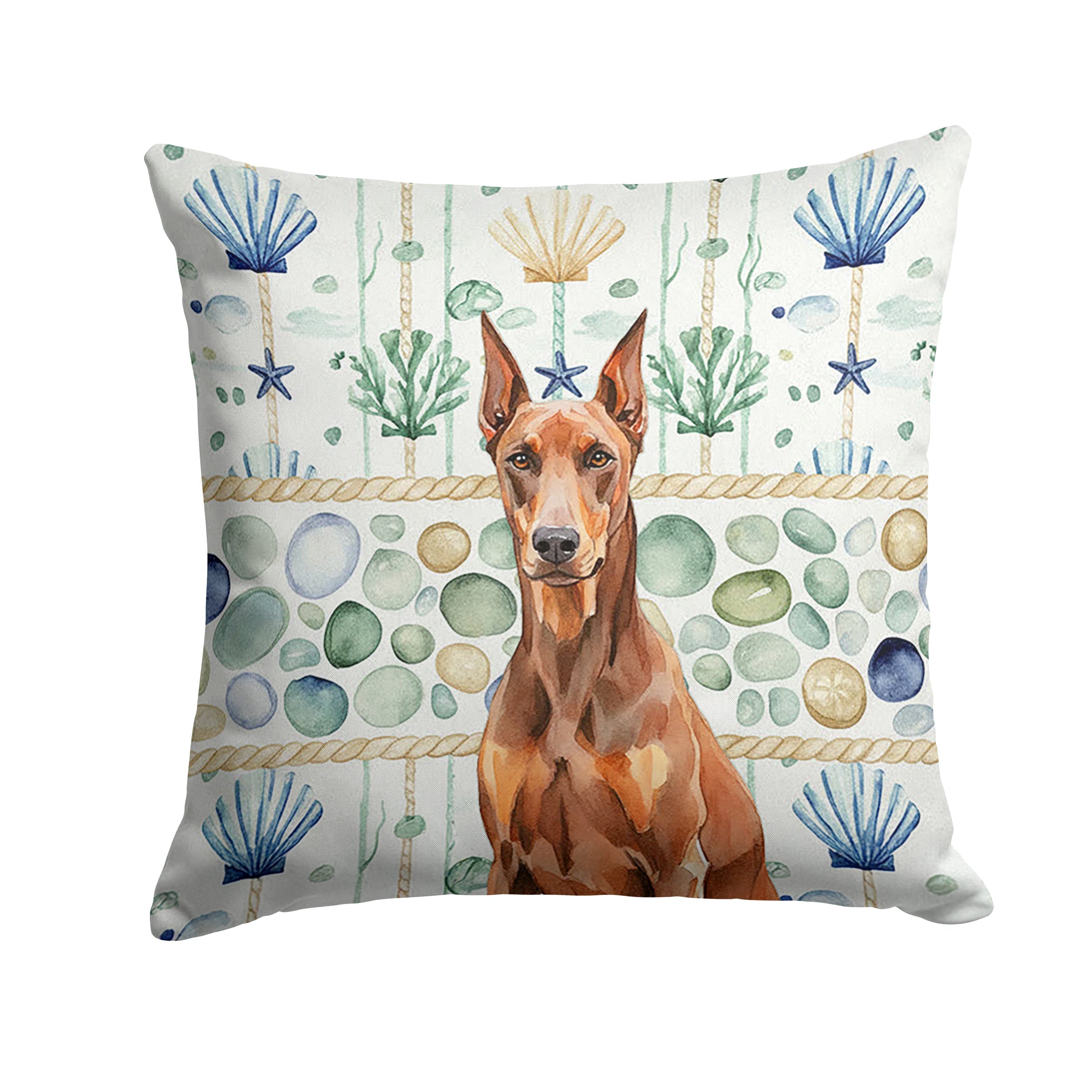 Red Doberman Pinscher Coastal Sea Glass Decorative Throw Pillow 18x18 Indoor Outdoor Accent Cushion, Fabric Cover with Insert for Sofa, Bed, Porch & Living Room