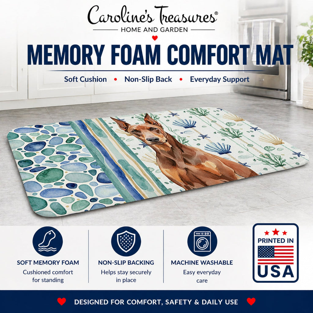 Red Doberman Pinscher Coastal Sea Glass Memory Foam Kitchen Mat Machine Washable Anti-Fatigue Cushion Comfort Bath or Kitchen Rug
