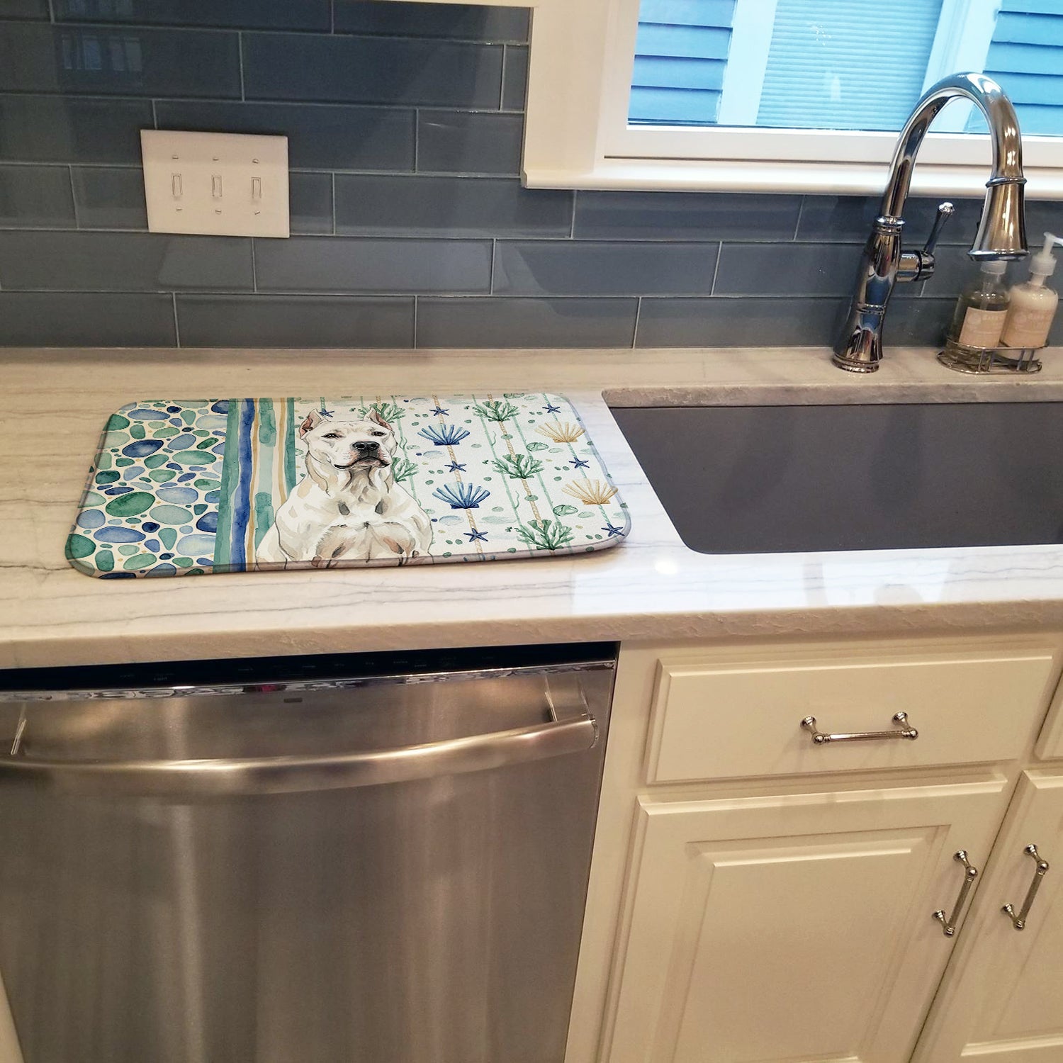 Dogo Argentino Coastal Sea Glass Dish Drying Mat Absorbent Dish Drying Mat Pad for Kitchen Counter Dish Drainer Mat for Countertop, 14 x 21", Multicolor