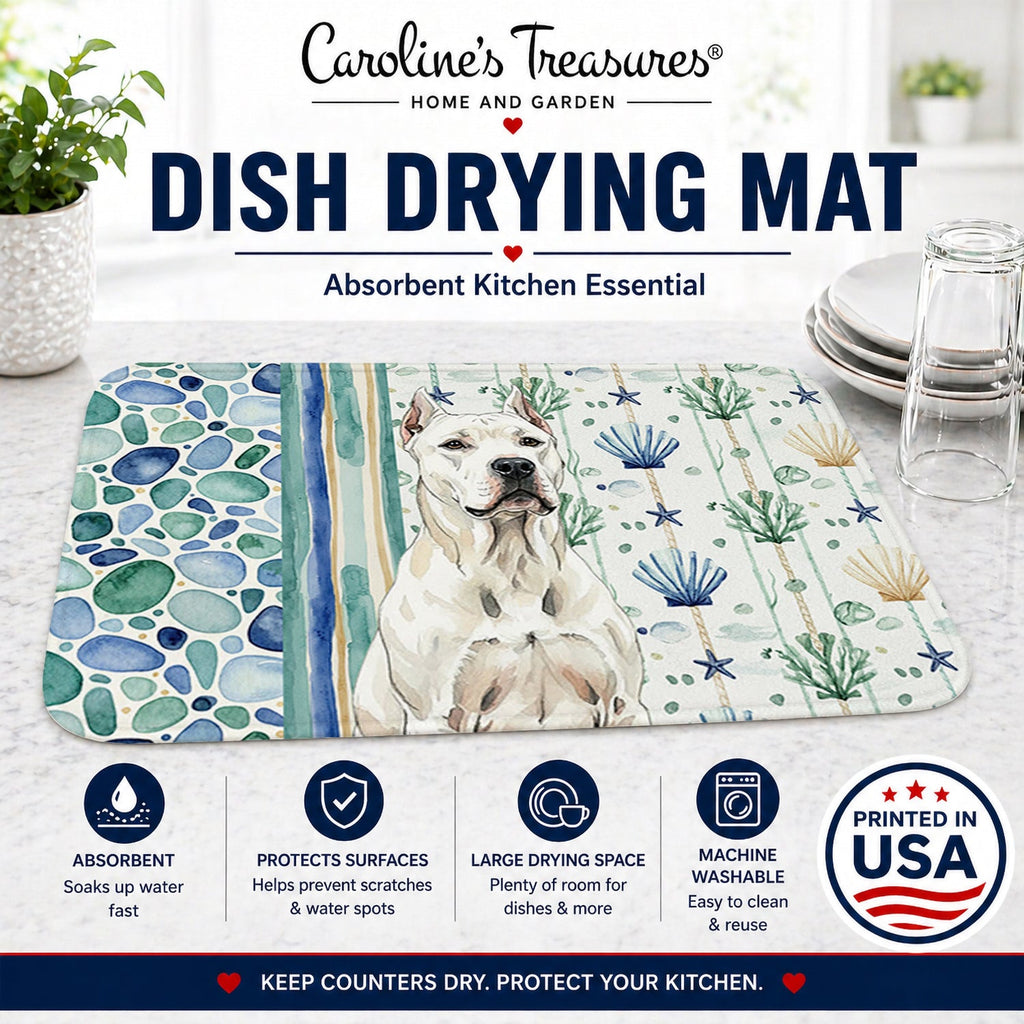 Dogo Argentino Coastal Sea Glass Dish Drying Mat Absorbent Dish Drying Mat Pad for Kitchen Counter Dish Drainer Mat for Countertop, 14 x 21", Multicolor