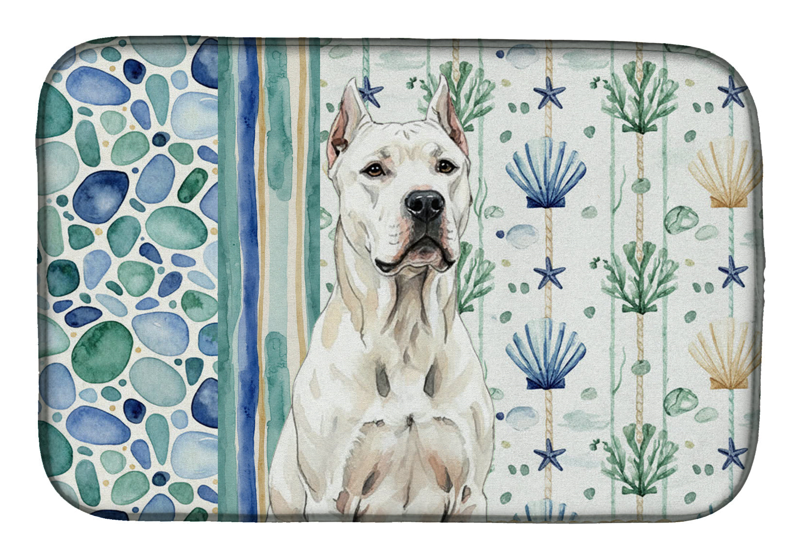 Dogo Argentino Coastal Sea Glass Dish Drying Mat Absorbent Dish Drying Mat Pad for Kitchen Counter Dish Drainer Mat for Countertop, 14 x 21", Multicolor