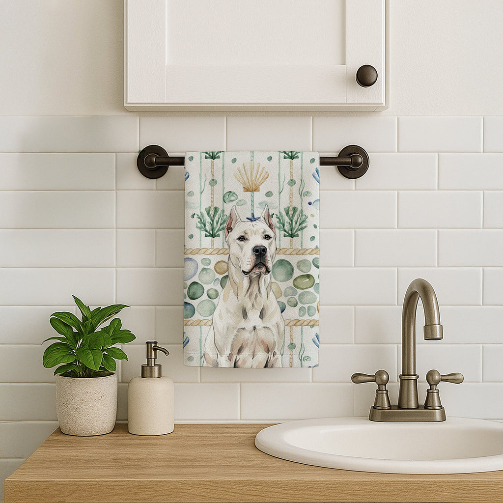 Dogo Argentino Coastal Sea Glass Kitchen Towel Velour Plush Front and Cotton Loop Back Machine Washable