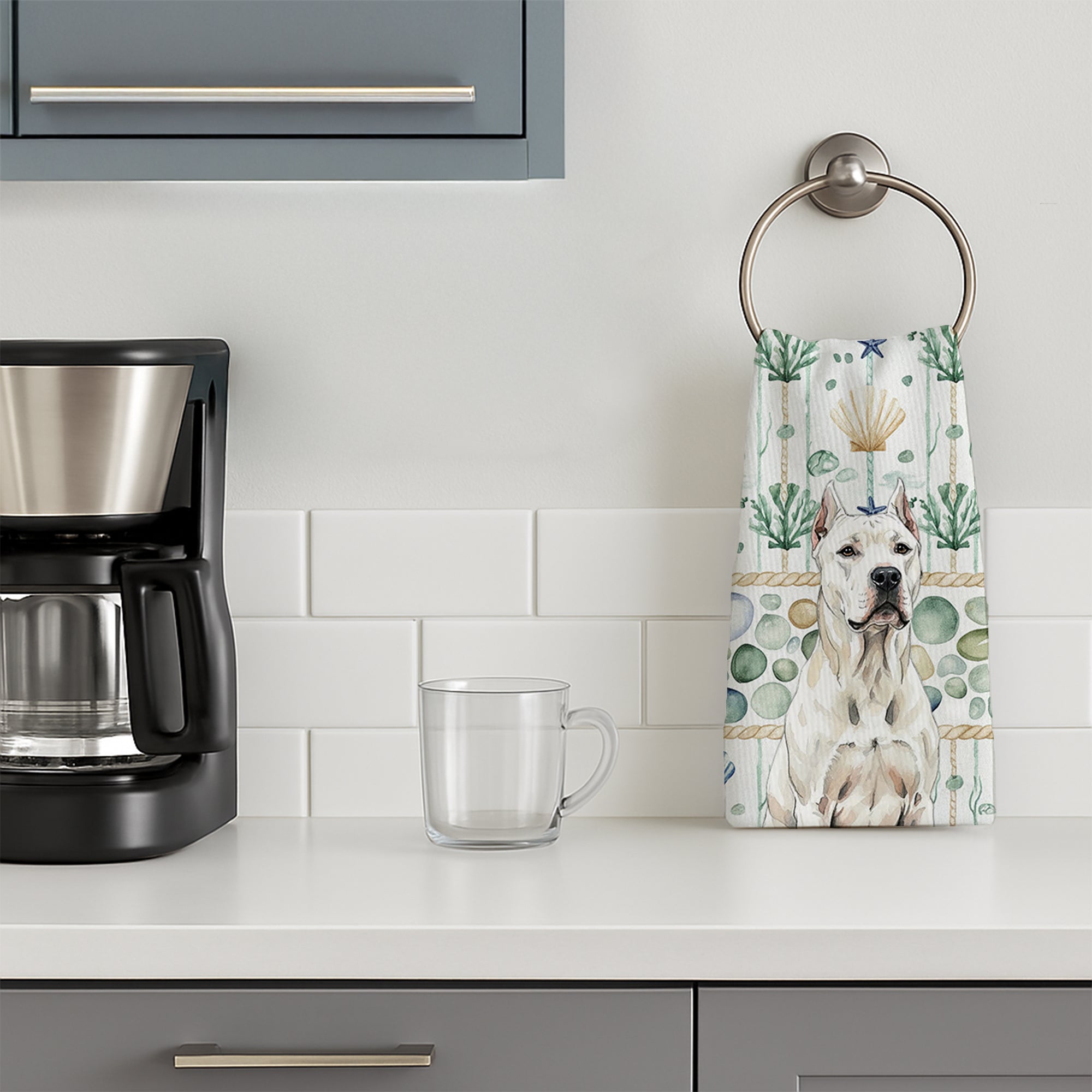 Dogo Argentino Coastal Sea Glass Kitchen Towel Velour Plush Front and Cotton Loop Back Machine Washable