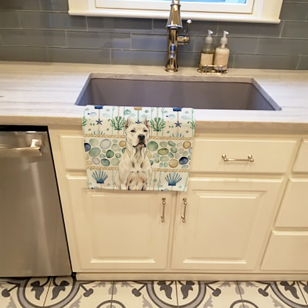 Dogo Argentino Coastal Sea Glass Kitchen Towel Velour Plush Front and Cotton Loop Back Machine Washable