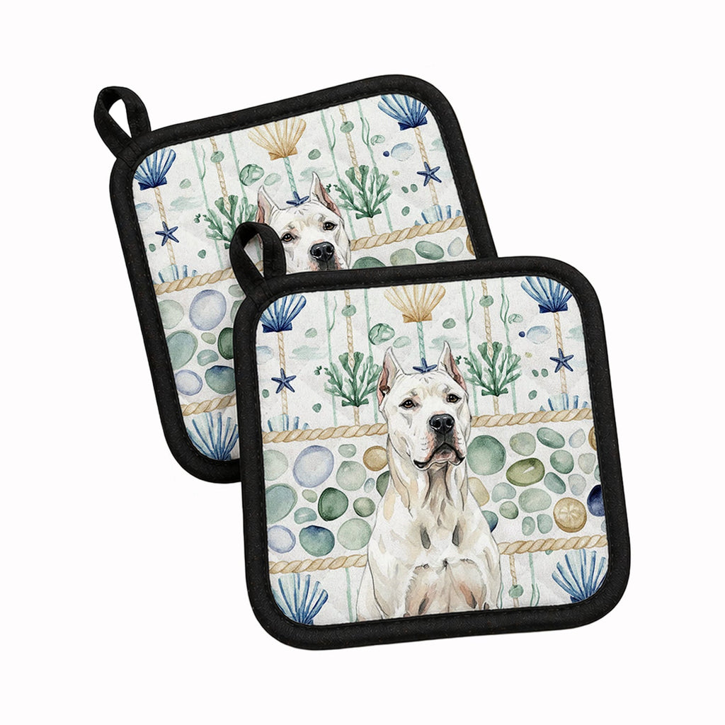 Dogo Argentino Coastal Sea Glass Pot Holder Set of 2 Heat Resistant Quilted Hot Pads 7.5 x 7.5 Inch, Insulated Kitchen Trivets for Cooking & Baking