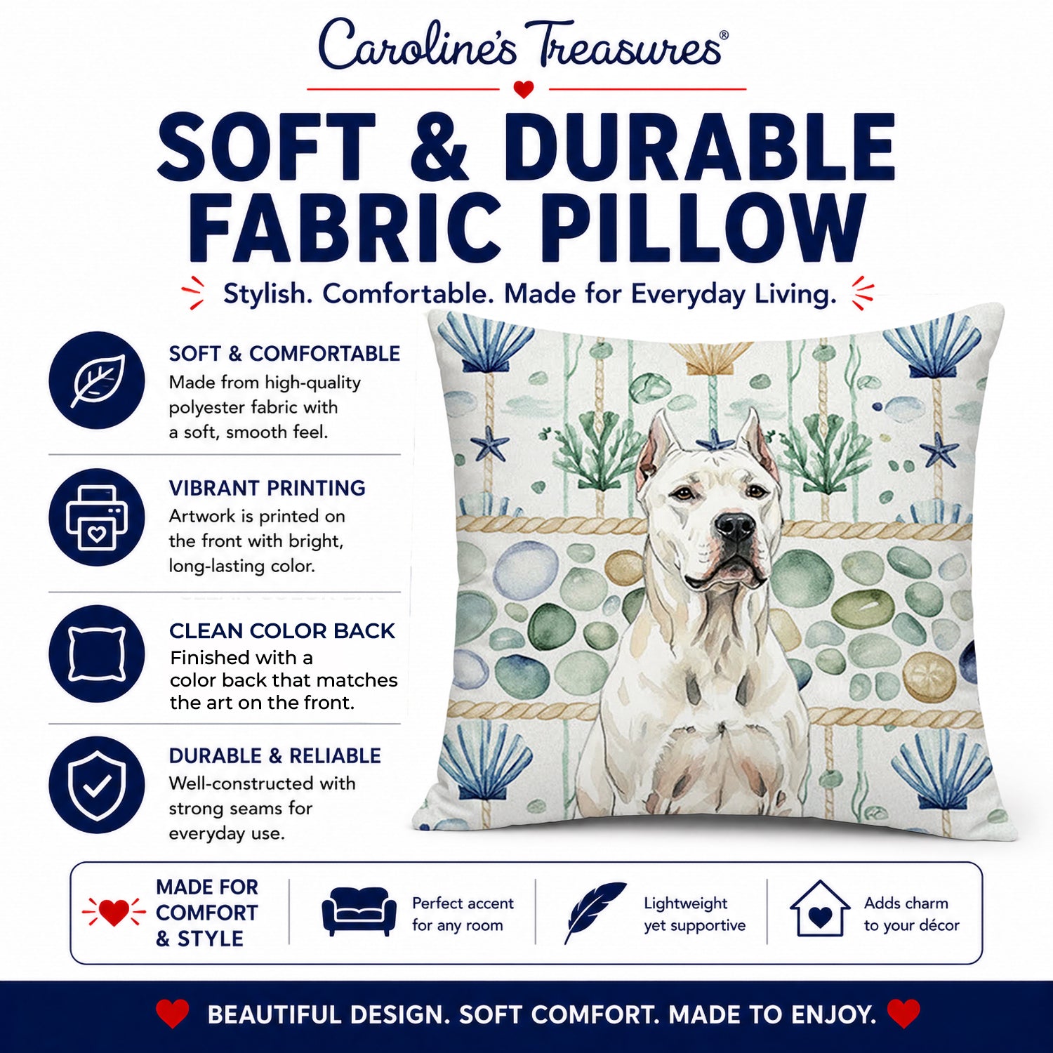 Dogo Argentino Coastal Sea Glass Decorative Throw Pillow 14x14 Indoor Outdoor Accent Cushion, Fabric Cover with Insert for Sofa, Bed, Porch & Living Room