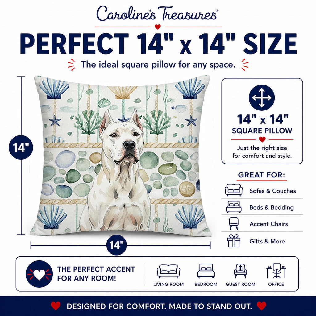 Dogo Argentino Coastal Sea Glass Decorative Throw Pillow 14x14 Indoor Outdoor Accent Cushion, Fabric Cover with Insert for Sofa, Bed, Porch & Living Room