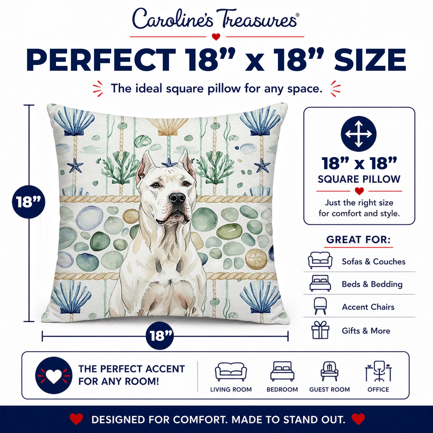 Dogo Argentino Coastal Sea Glass Decorative Throw Pillow 18x18 Indoor Outdoor Accent Cushion, Fabric Cover with Insert for Sofa, Bed, Porch & Living Room