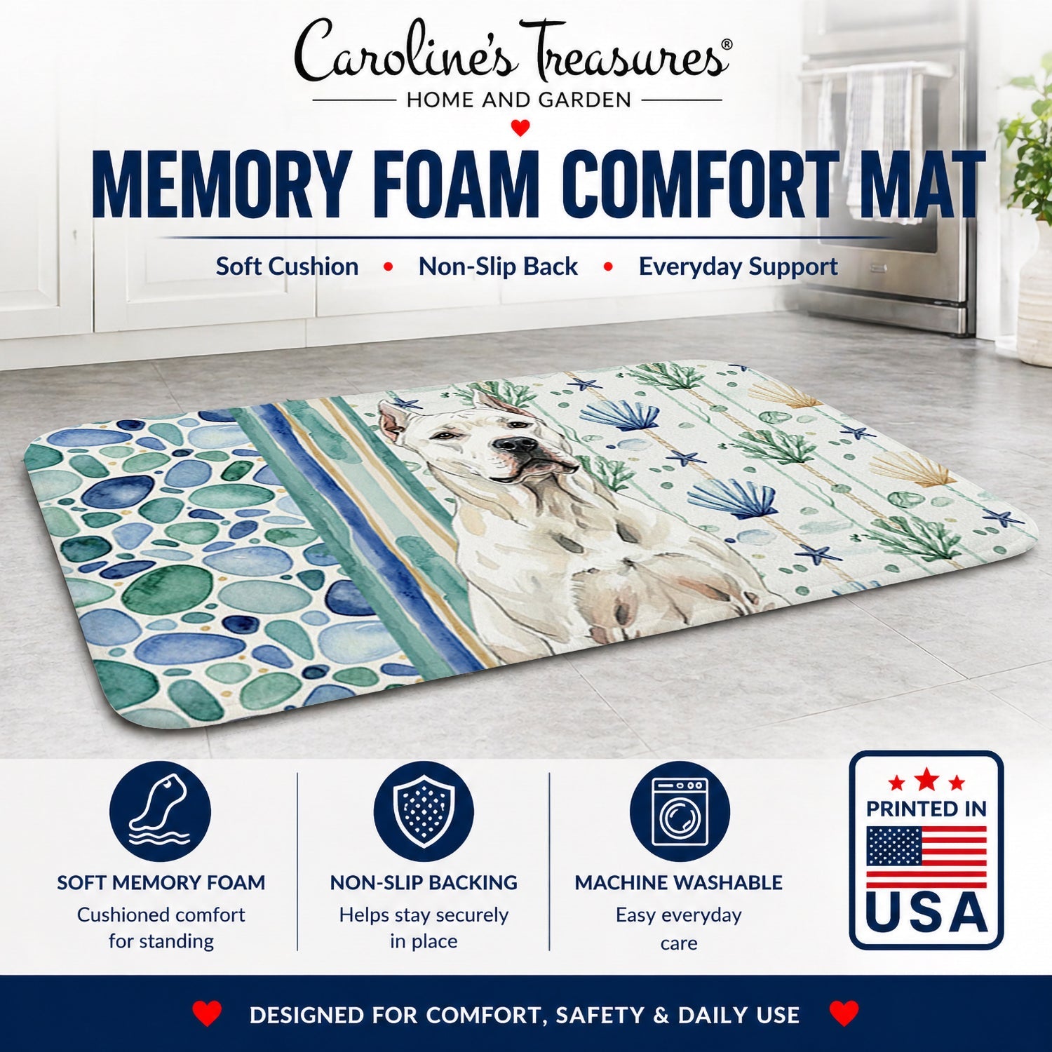 Dogo Argentino Coastal Sea Glass Memory Foam Kitchen Mat Machine Washable Anti-Fatigue Cushion Comfort Bath or Kitchen Rug