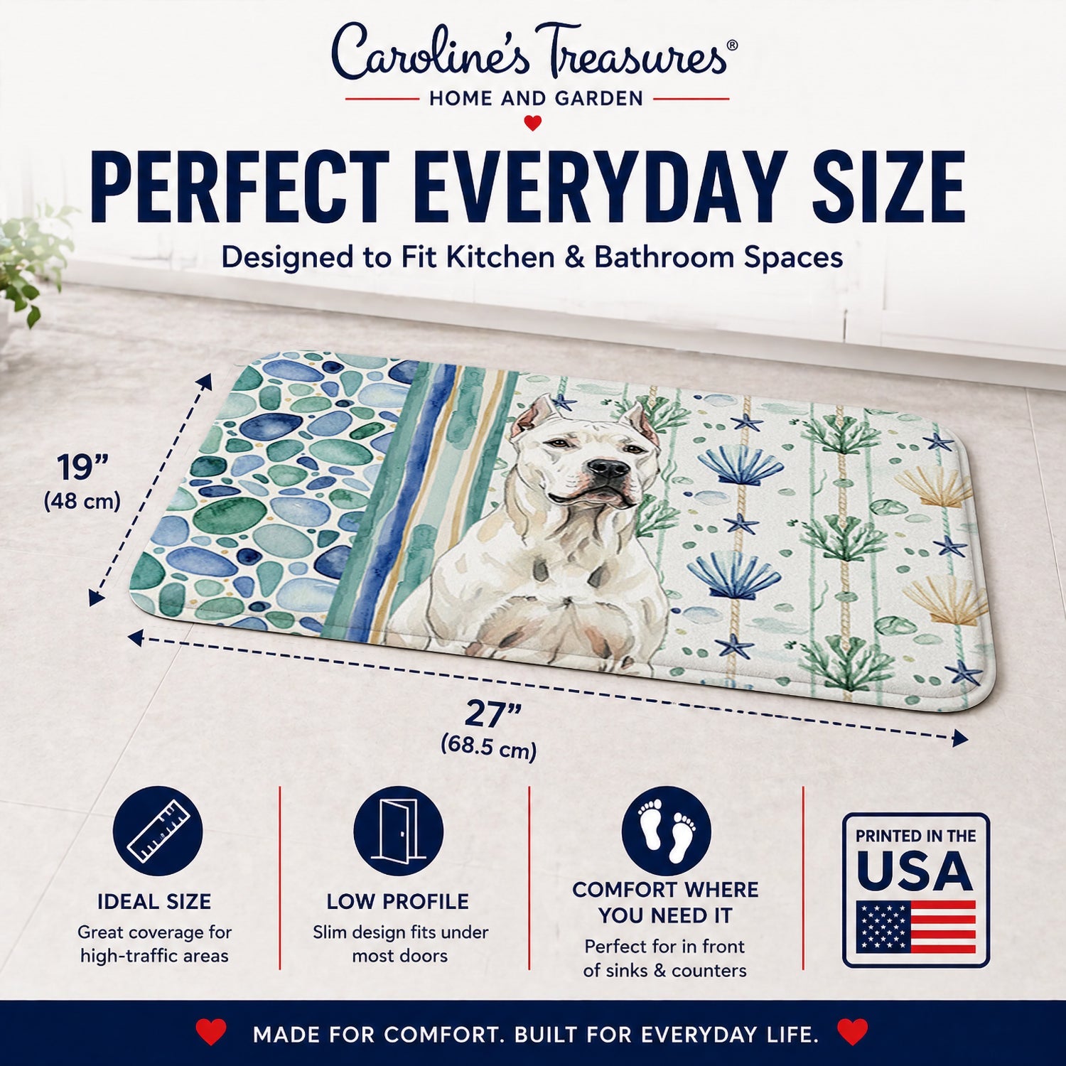 Dogo Argentino Coastal Sea Glass Memory Foam Kitchen Mat Machine Washable Anti-Fatigue Cushion Comfort Bath or Kitchen Rug