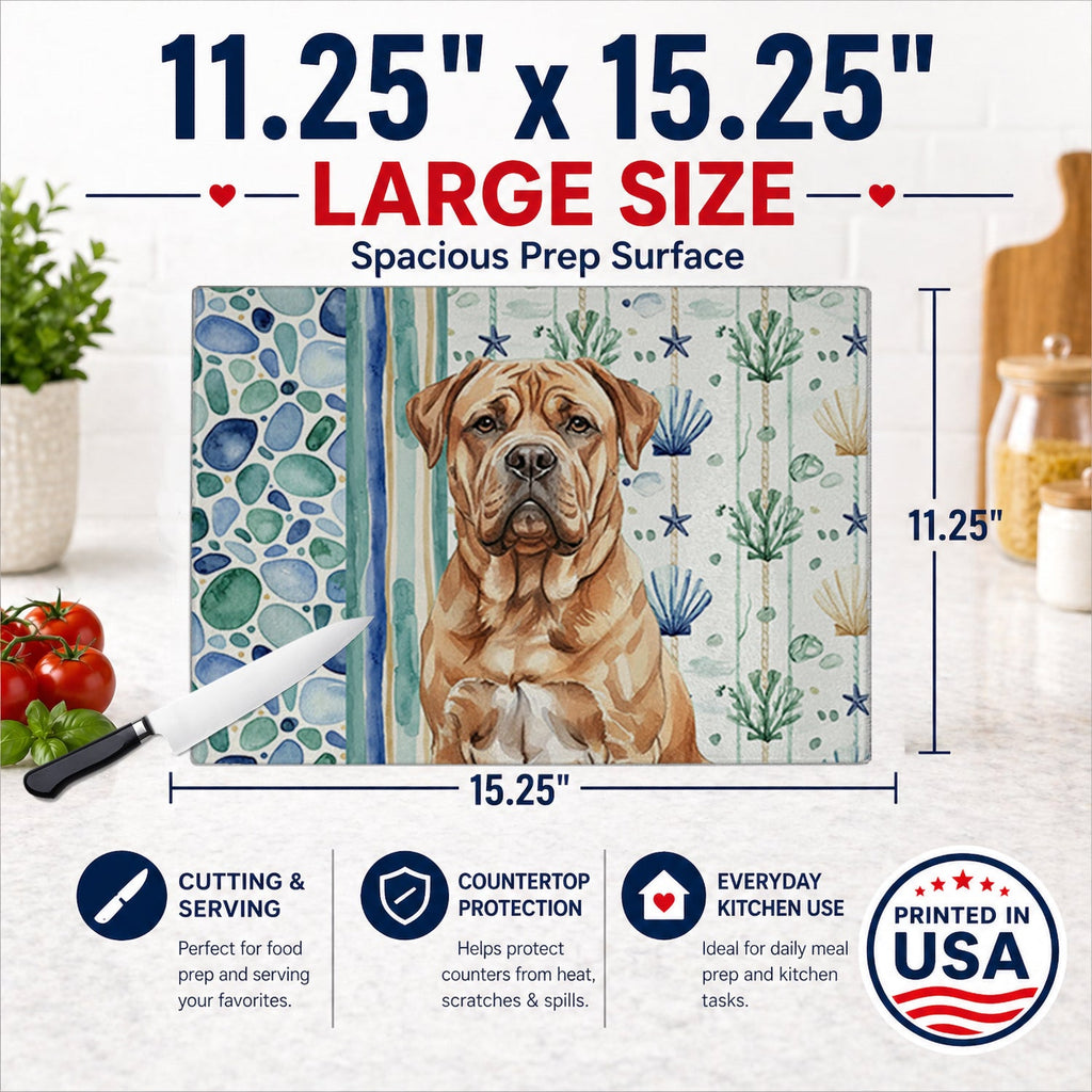 Dogue de Bordeaux Coastal Sea Glass Cutting Board Tempered Glass Kitchen Cutting Surface, Heat Resistant Chopping, Non-Slip Feet, Food Prep & Serving