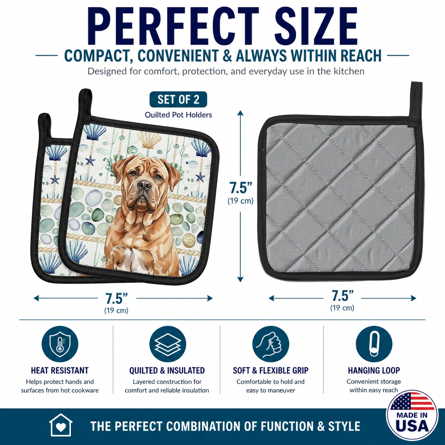 Dogue de Bordeaux Coastal Sea Glass Pot Holder Set of 2 Heat Resistant Quilted Hot Pads 7.5 x 7.5 Inch, Insulated Kitchen Trivets for Cooking & Baking