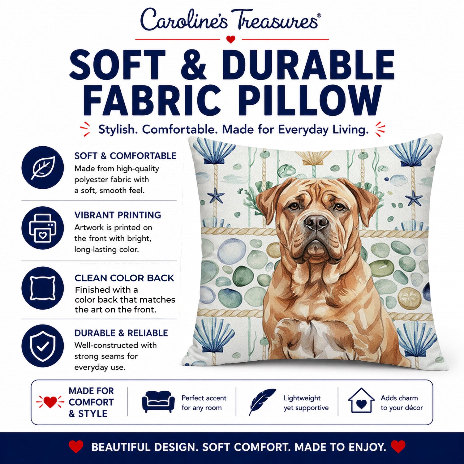 Dogue de Bordeaux Coastal Sea Glass Decorative Throw Pillow 14x14 Indoor Outdoor Accent Cushion, Fabric Cover with Insert for Sofa, Bed, Porch & Living Room