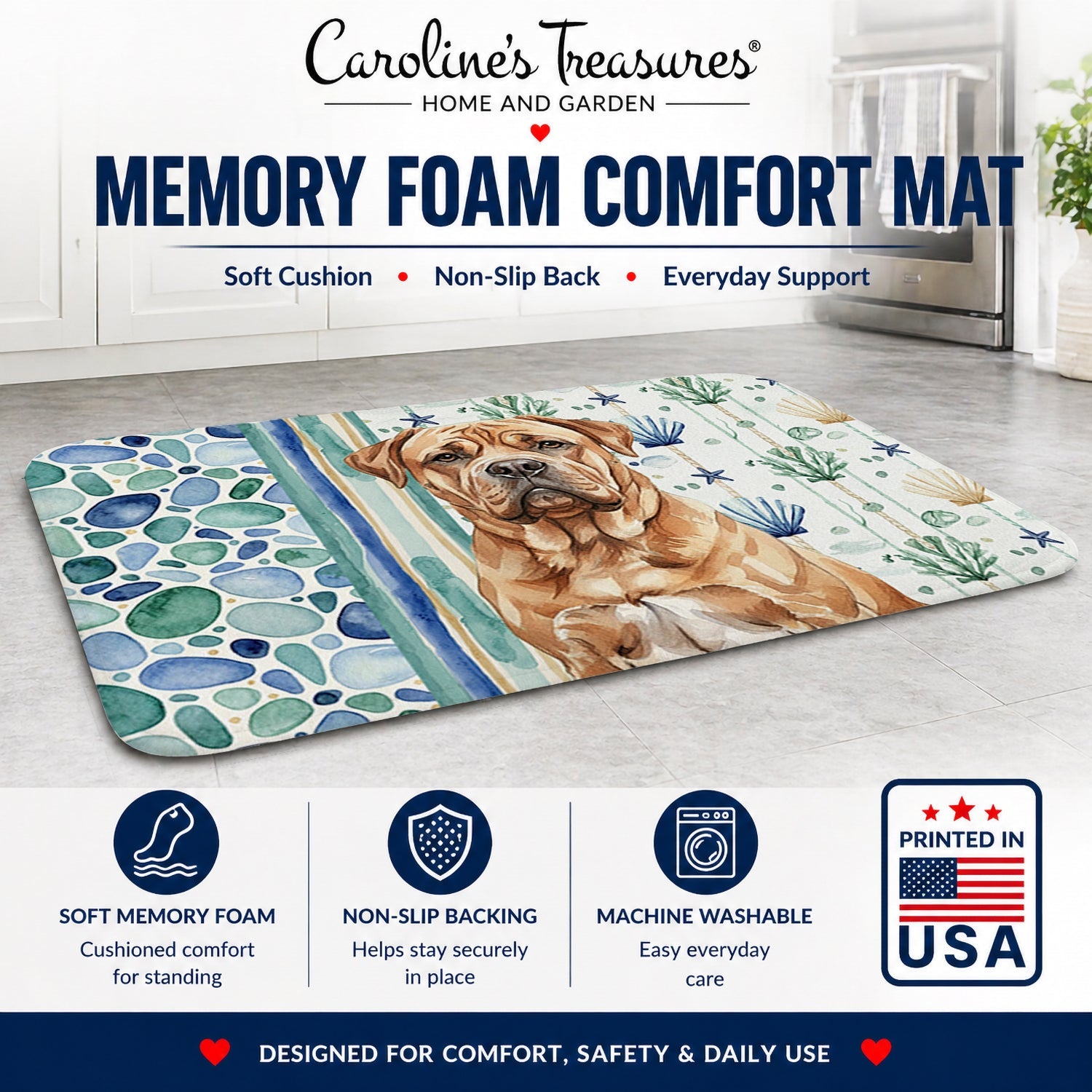 Dogue de Bordeaux Coastal Sea Glass Memory Foam Kitchen Mat Machine Washable Anti-Fatigue Cushion Comfort Bath or Kitchen Rug