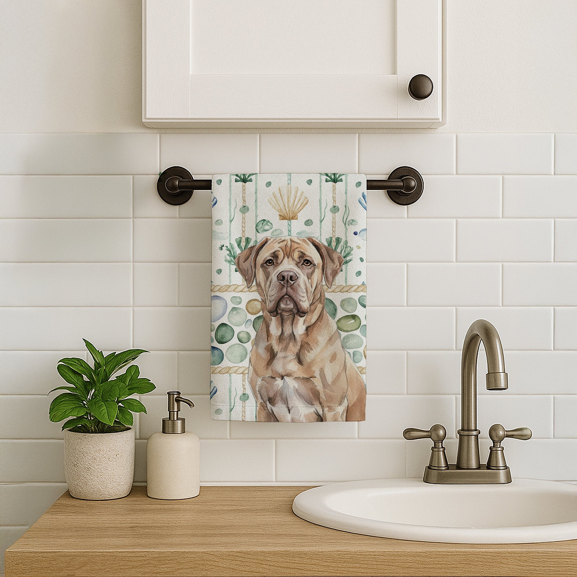 Isabella Dogue de Bordeaux Coastal Sea Glass Kitchen Towel Velour Plush Front and Cotton Loop Back Machine Washable