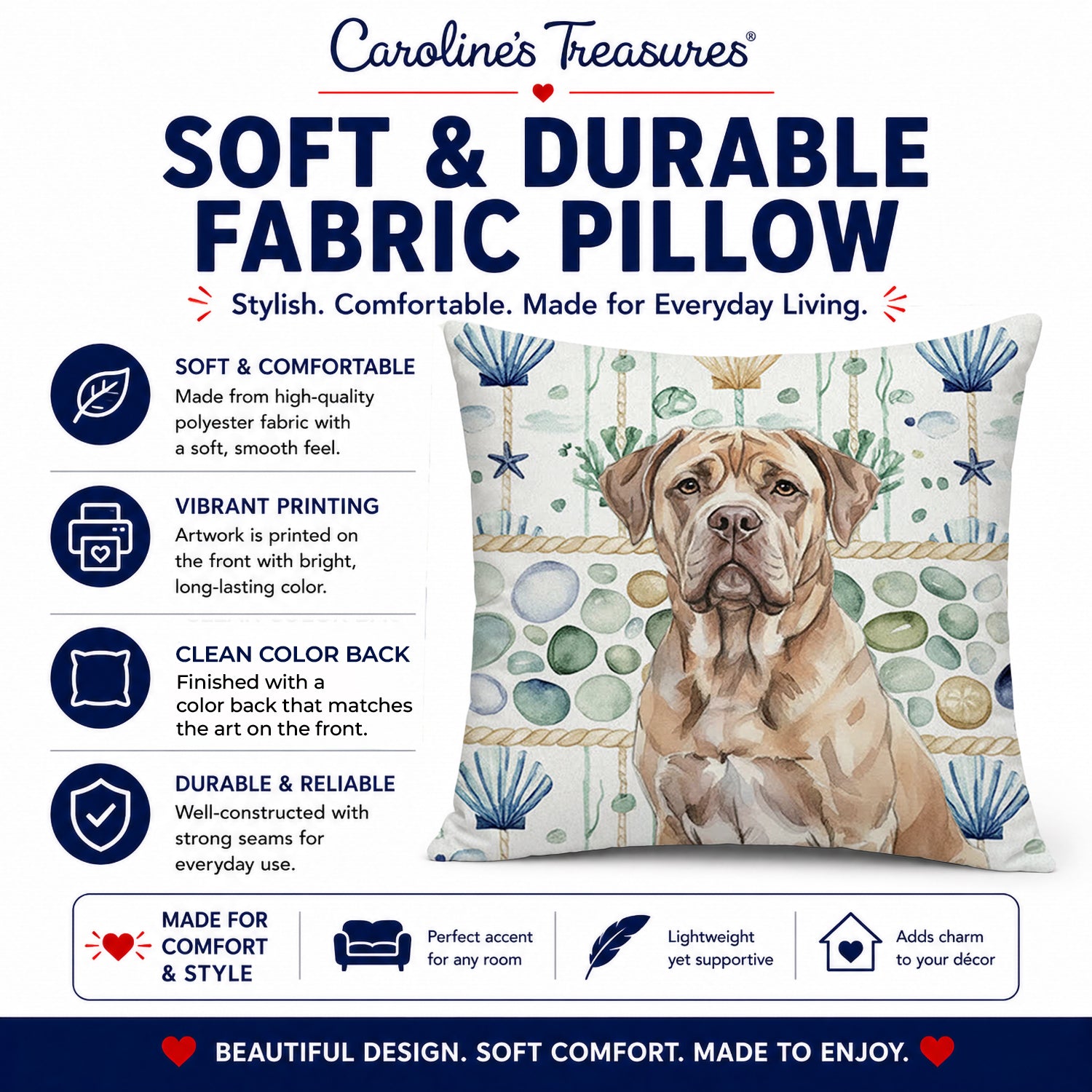 Isabella Dogue de Bordeaux Coastal Sea Glass Decorative Throw Pillow 18x18 Indoor Outdoor Accent Cushion, Fabric Cover with Insert for Sofa, Bed, Porch & Living Room