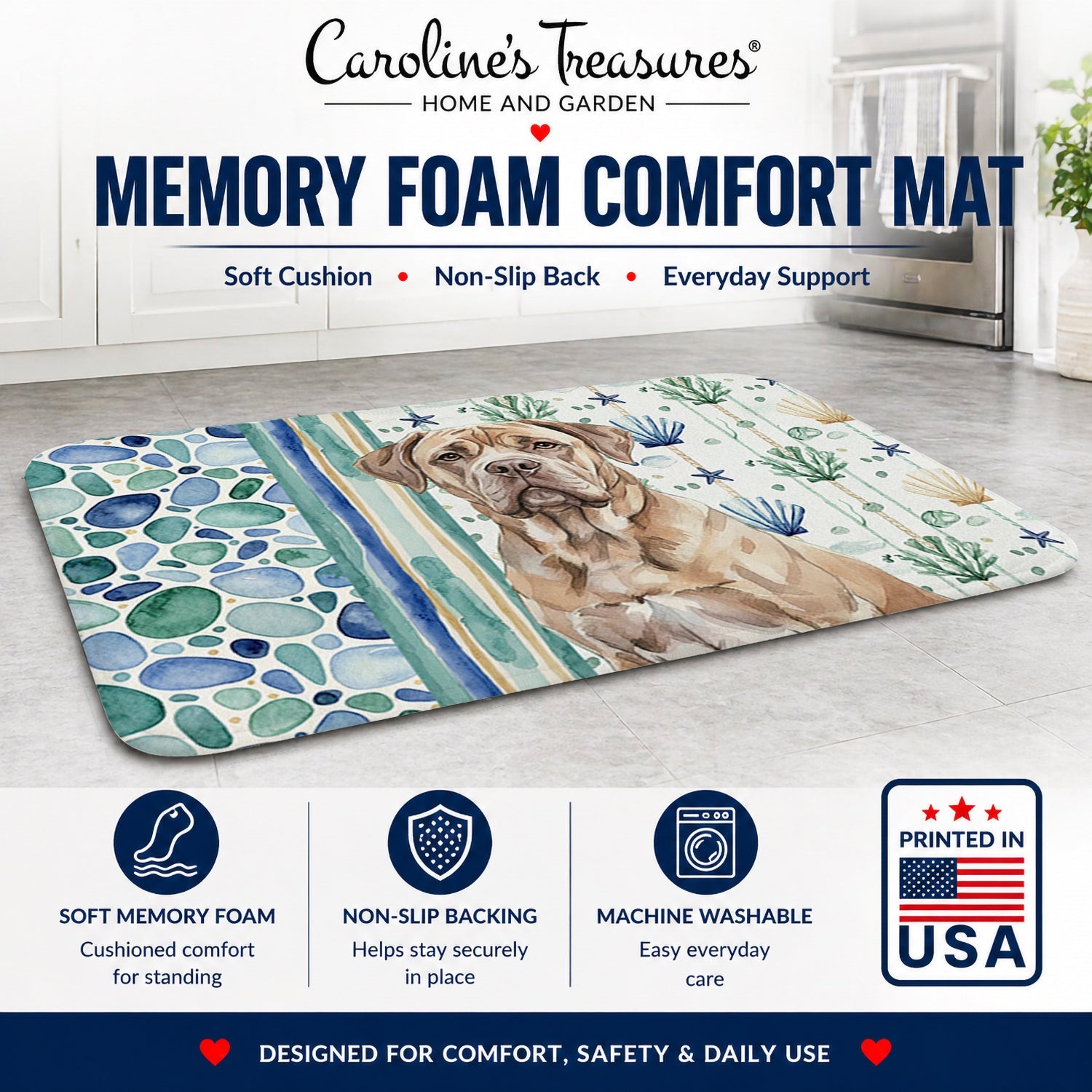 Isabella Dogue de Bordeaux Coastal Sea Glass Memory Foam Kitchen Mat Machine Washable Anti-Fatigue Cushion Comfort Bath or Kitchen Rug