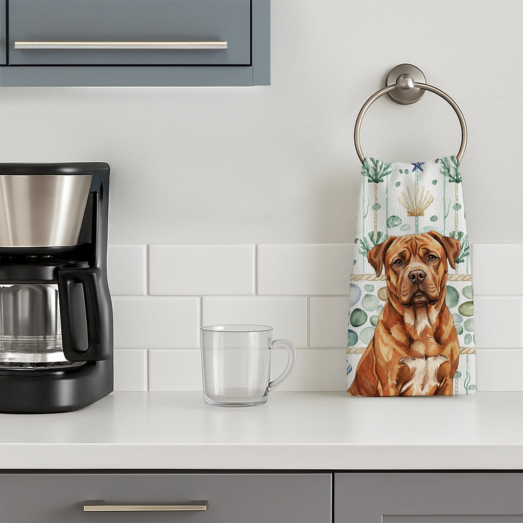 Mahogany Dogue de Bordeaux Coastal Sea Glass Kitchen Towel Velour Plush Front and Cotton Loop Back Machine Washable