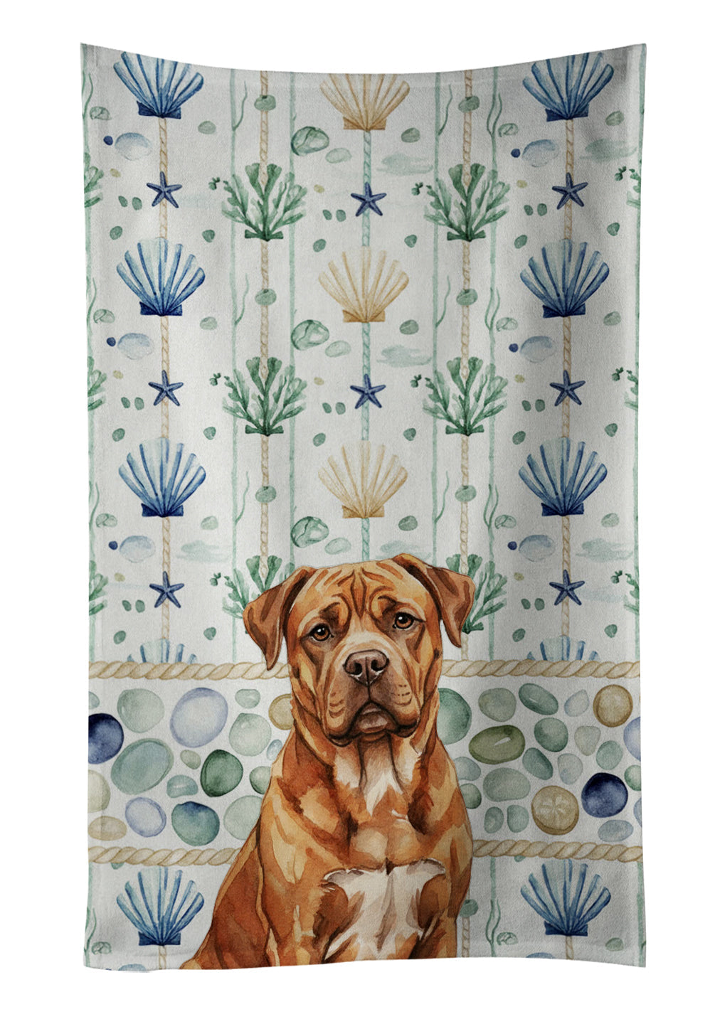 Mahogany Dogue de Bordeaux Coastal Sea Glass Kitchen Towel Velour Plush Front and Cotton Loop Back Machine Washable