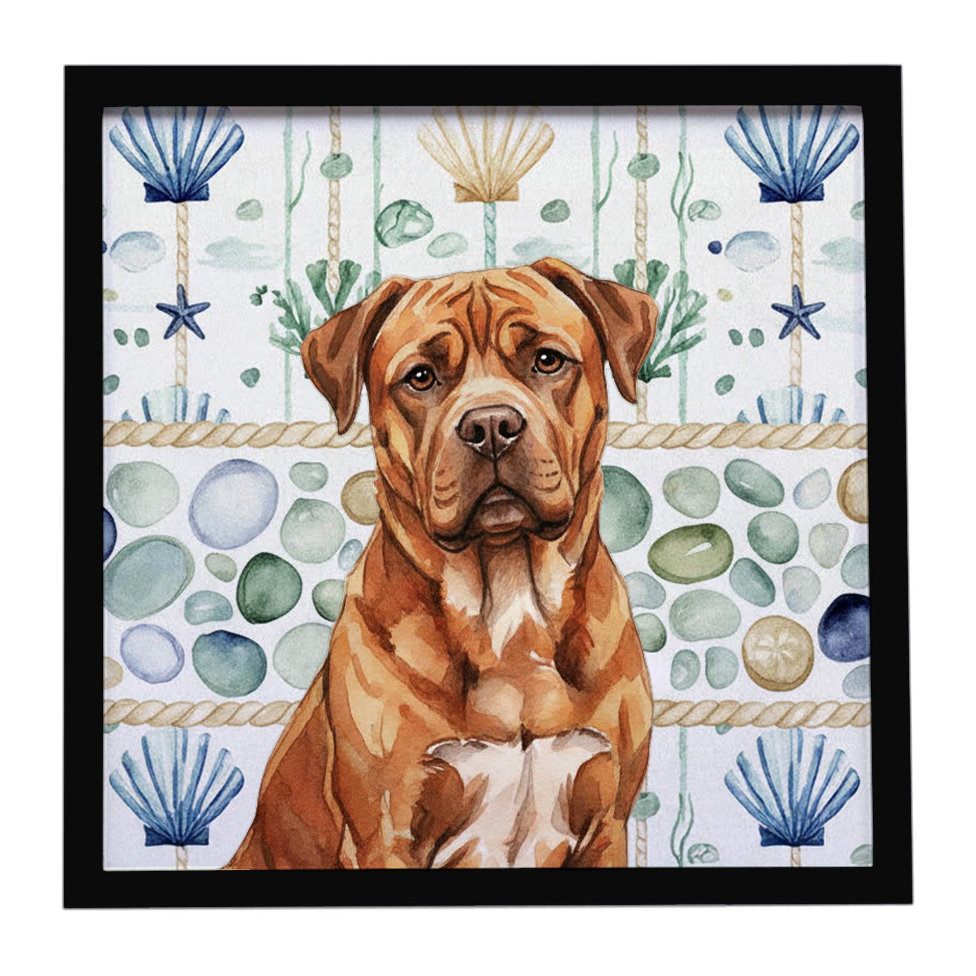 Mahogany Dogue de Bordeaux Coastal Sea Glass Framed Metal Print Bathroom, Kitchen, Office, Home Decor Wall Art Ready to Hang, Square, 8X8
