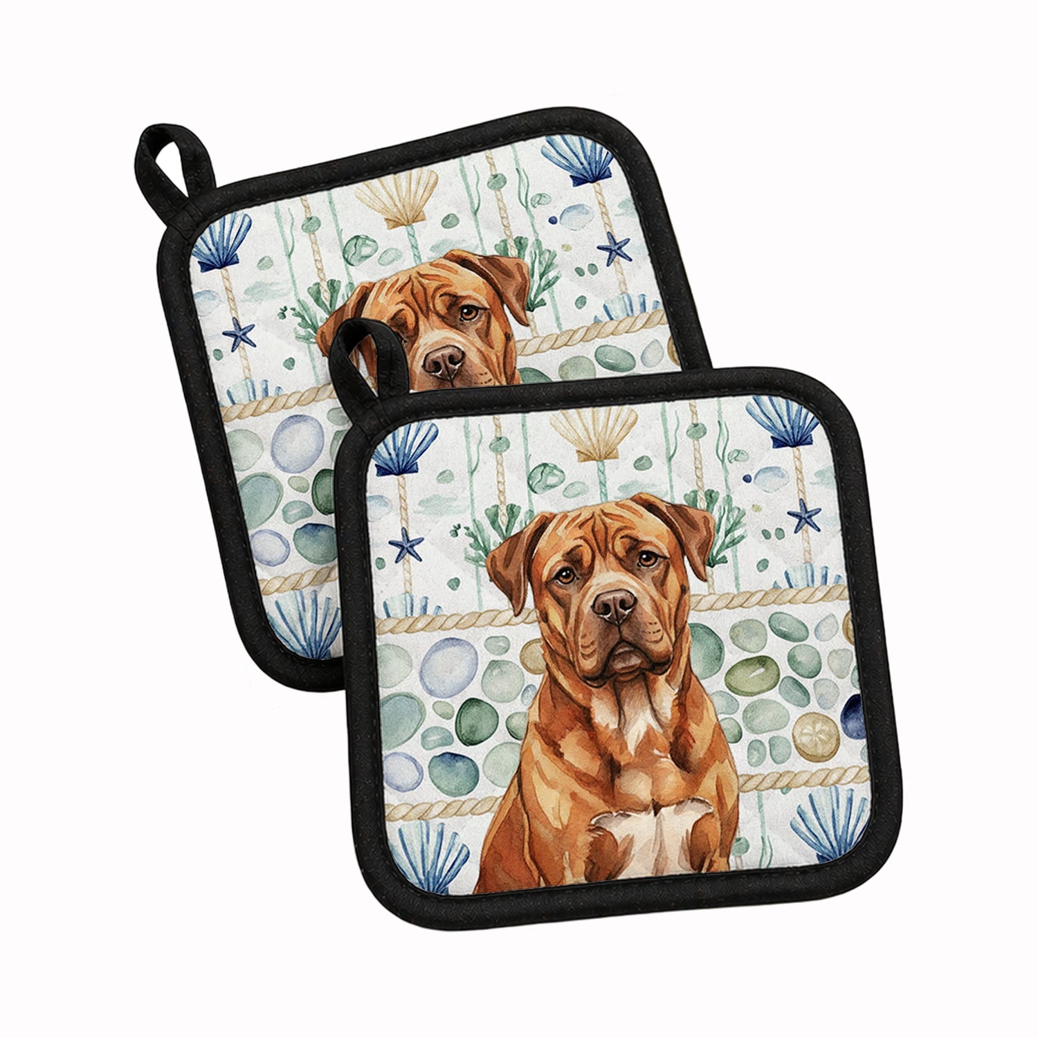 Mahogany Dogue de Bordeaux Coastal Sea Glass Pot Holder Set of 2 Heat Resistant Quilted Hot Pads 7.5 x 7.5 Inch, Insulated Kitchen Trivets for Cooking & Baking
