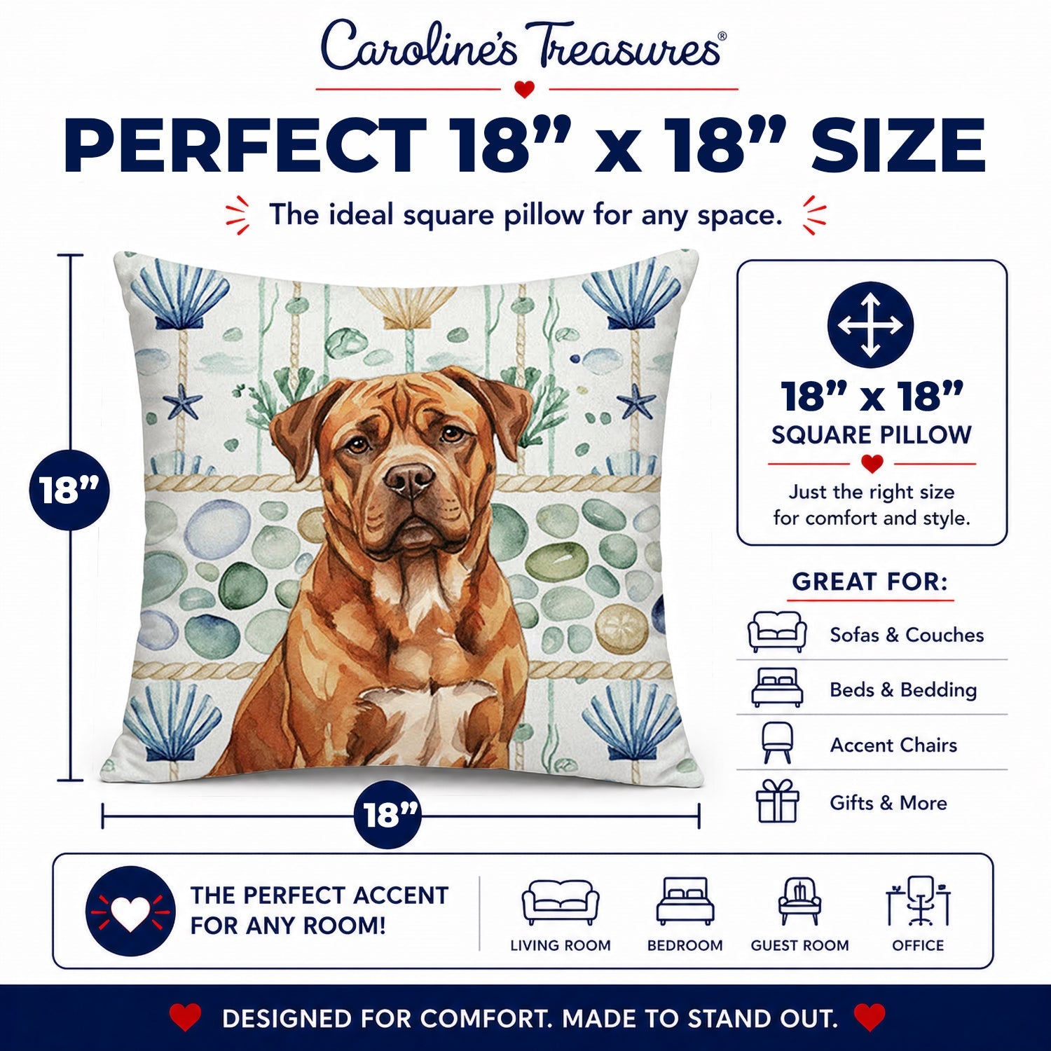Mahogany Dogue de Bordeaux Coastal Sea Glass Decorative Throw Pillow 18x18 Indoor Outdoor Accent Cushion, Fabric Cover with Insert for Sofa, Bed, Porch & Living Room